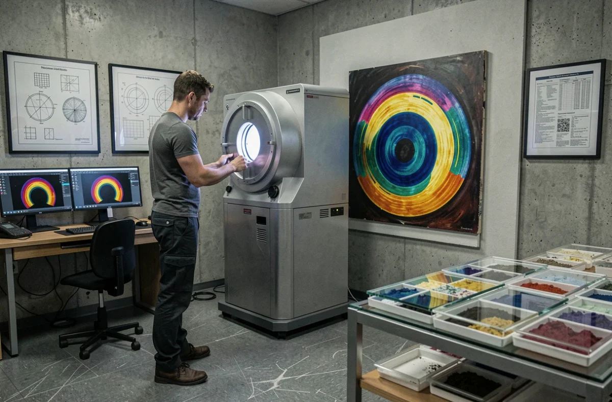 Technicien scientifique utilisant un appareil radiographique pour analyser les couches d'une reproduction picturale