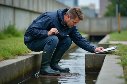 Technicien inspectant une bassine de retention urbaine