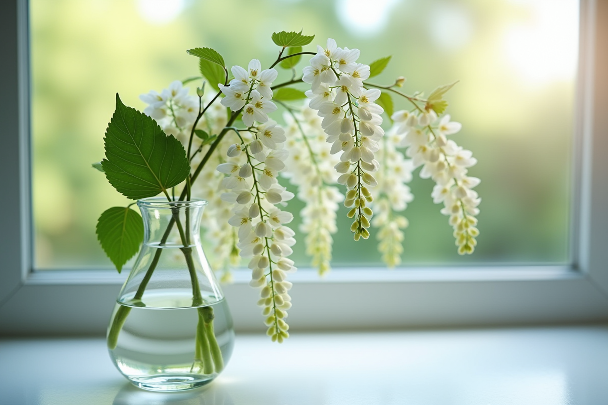 Tiges de glycine fraîchement coupées dans un vase à la lumière naturelle