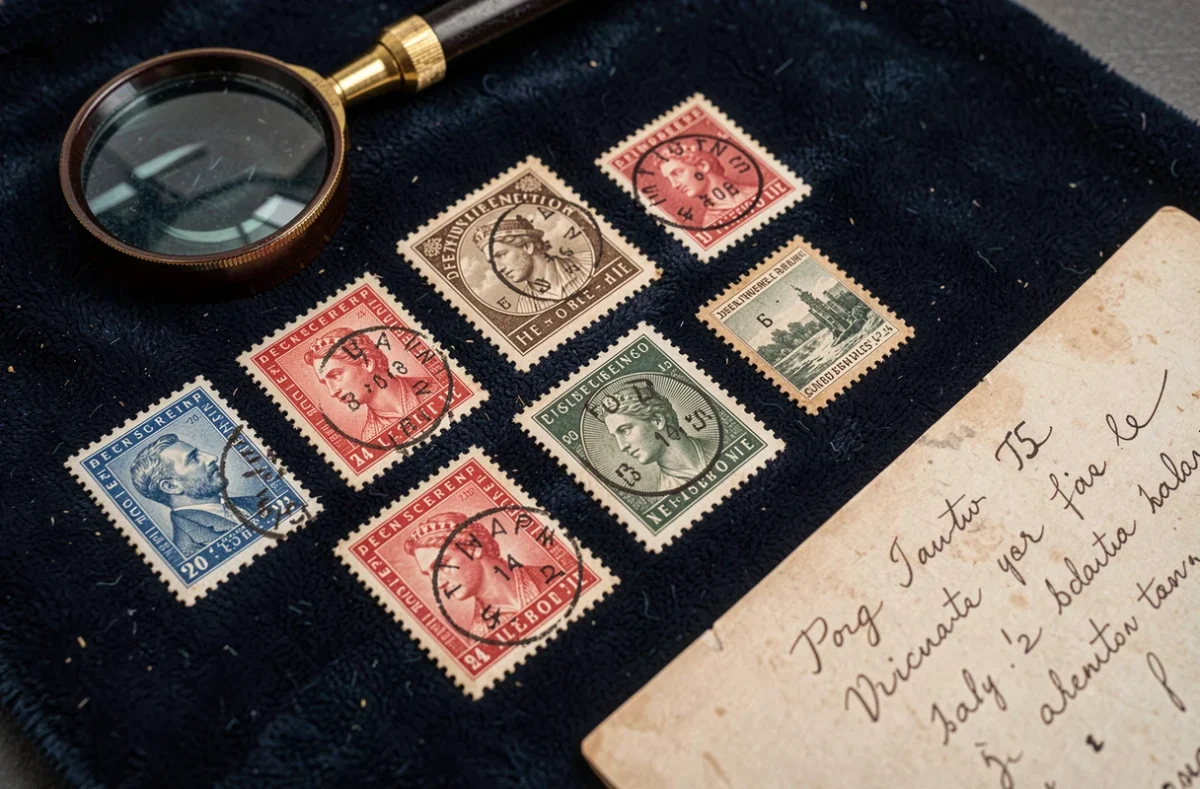 Gros plan de timbres rares français du début du XXe siècle sur velours marine avec loupe et note d'expertise