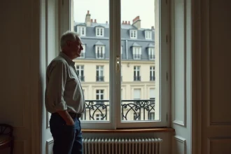 Homme préoccupé regardant par la fenêtre de son appartement en ville, illustrant les troubles de voisinage