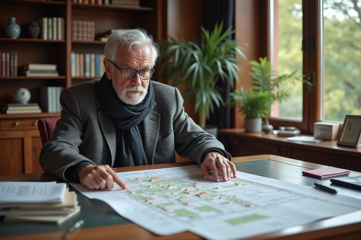 Urbaniste âgé analysant un plan de zonage dans son bureau