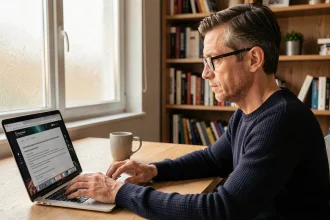 Homme utilisant prudemment un site de streaming en ligne sur son ordinateur portable dans un bureau à domicile
