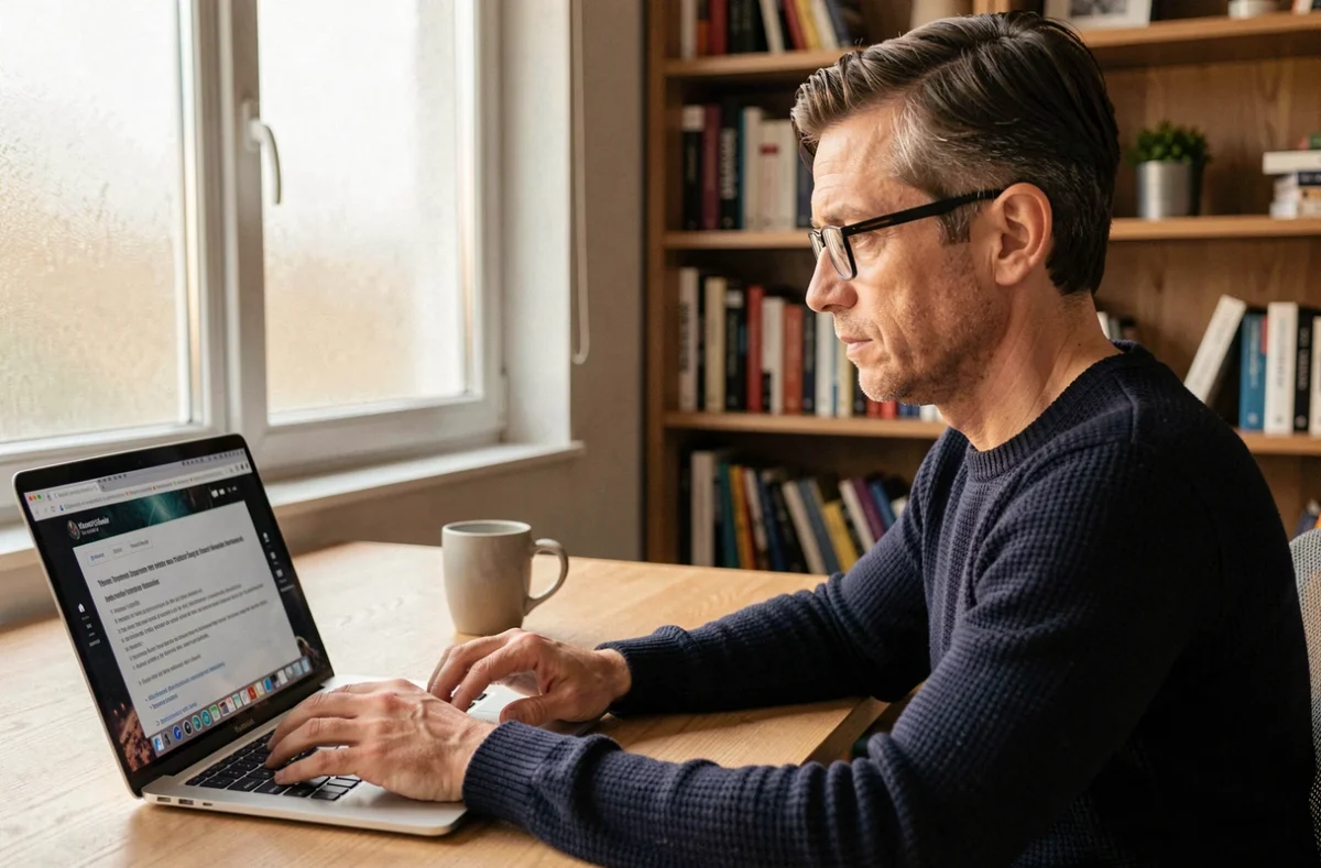 Homme utilisant prudemment un site de streaming en ligne sur son ordinateur portable dans un bureau à domicile