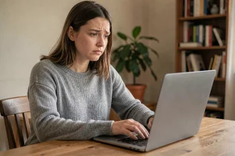 Femme inquiète devant un ordinateur portable découvrant une fuite de données privées sur une plateforme en ligne