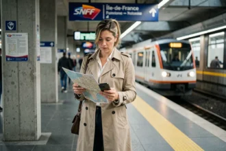 Voyageuse consultant sa carte RER et son téléphone sur un quai de gare en Île-de-France pendant des travaux