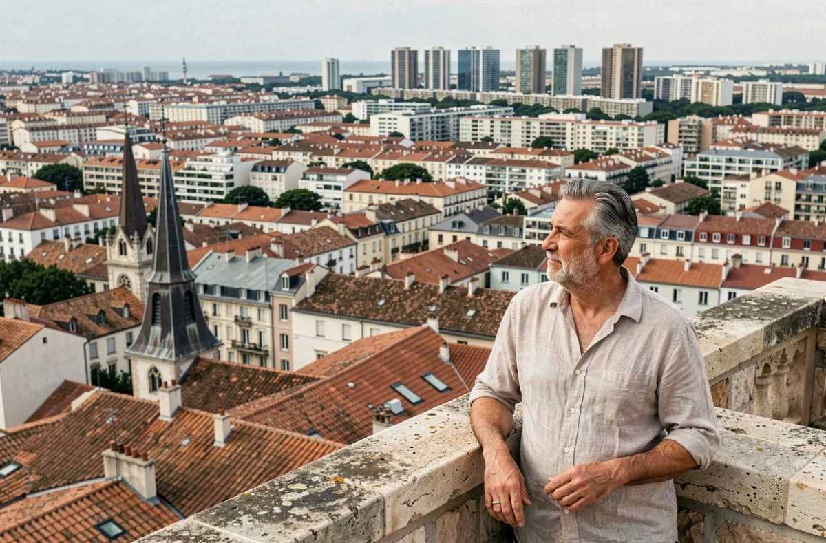 Vue depuis un toit de Marseille sur la transition urbaine entre le centre-ville et les quartiers nord avec un habitant observant le paysage